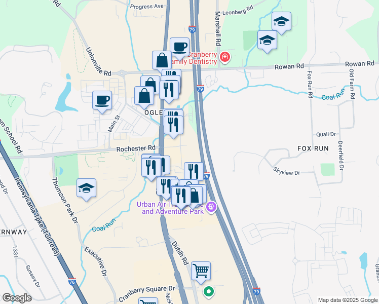 map of restaurants, bars, coffee shops, grocery stores, and more near 130 Wisconsin Avenue in Cranberry Township