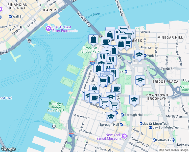 map of restaurants, bars, coffee shops, grocery stores, and more near Willow Street in Brooklyn
