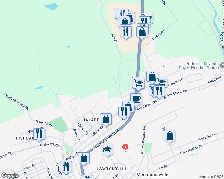 map of restaurants, bars, coffee shops, grocery stores, and more near 43 Atlantic Street in Pottsville