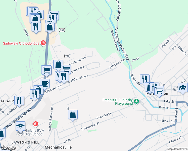 map of restaurants, bars, coffee shops, grocery stores, and more near 269 Louisa Avenue in Pottsville