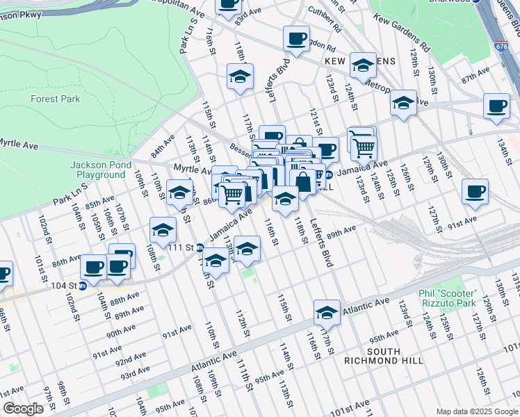 map of restaurants, bars, coffee shops, grocery stores, and more near 116-15 Jamaica Avenue in Queens