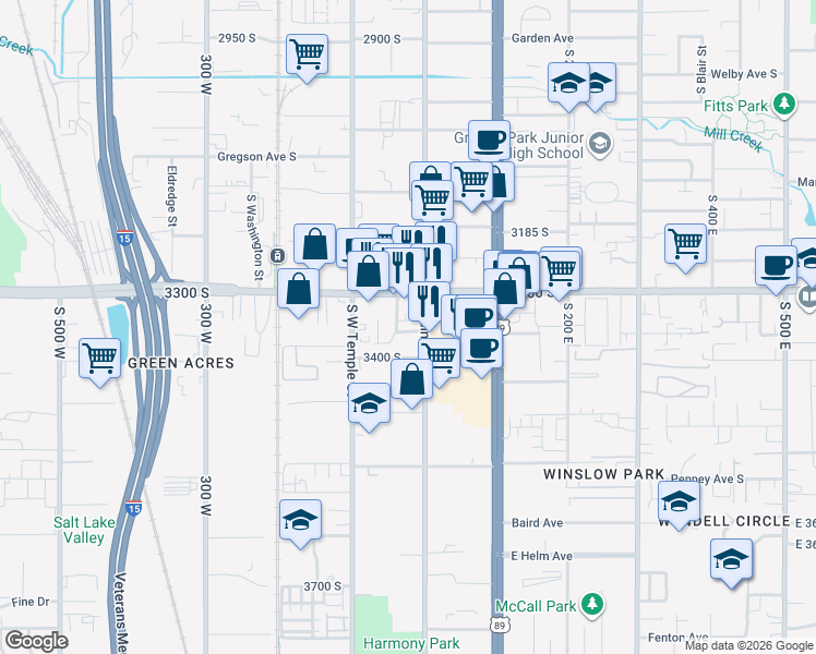 map of restaurants, bars, coffee shops, grocery stores, and more near 18 West 3350 South in South Salt Lake