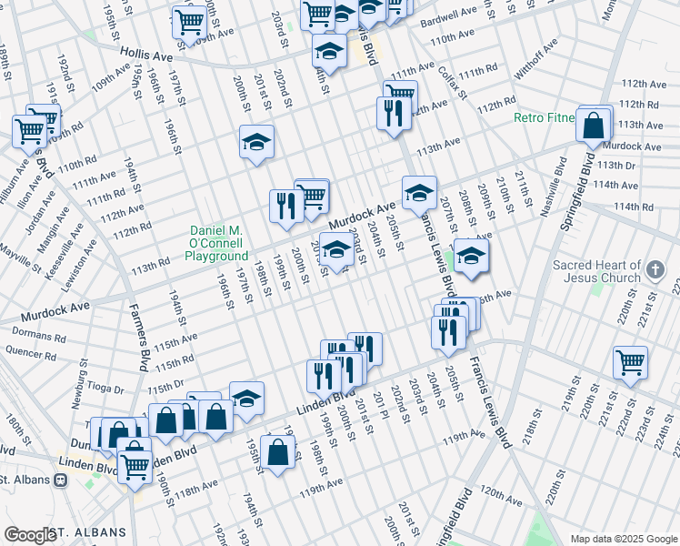 map of restaurants, bars, coffee shops, grocery stores, and more near 201-15 115th Avenue in Queens