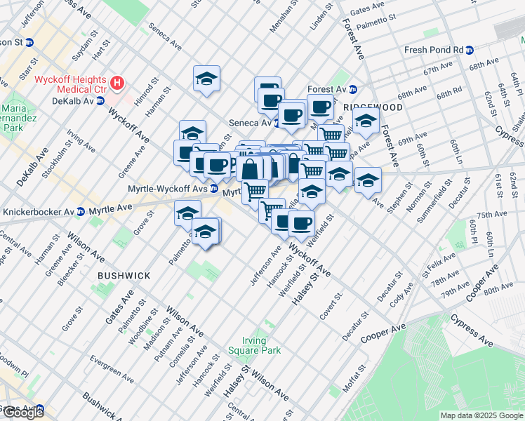 map of restaurants, bars, coffee shops, grocery stores, and more near in Queens