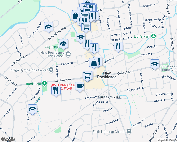map of restaurants, bars, coffee shops, grocery stores, and more near 593 Central Avenue in New Providence