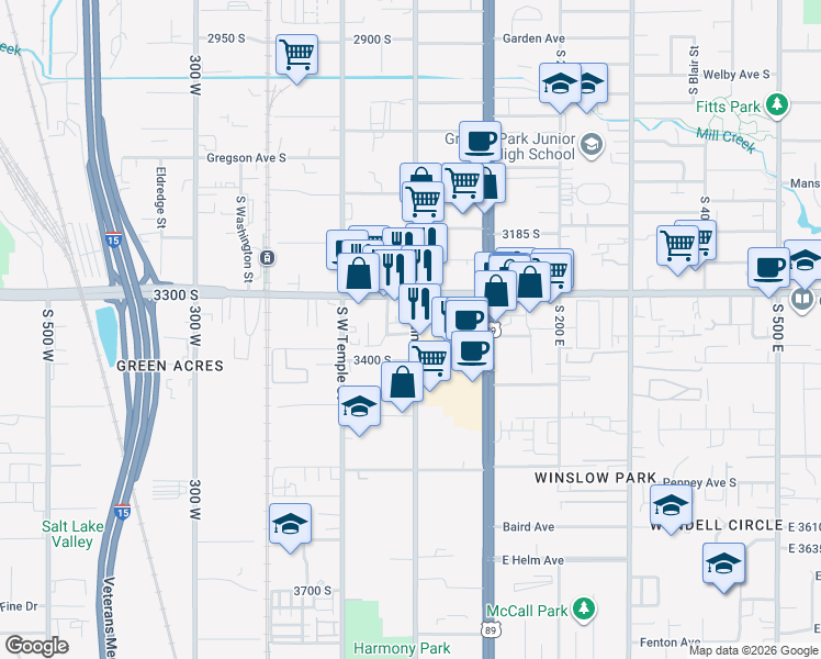 map of restaurants, bars, coffee shops, grocery stores, and more near 3350 South Main Street in South Salt Lake