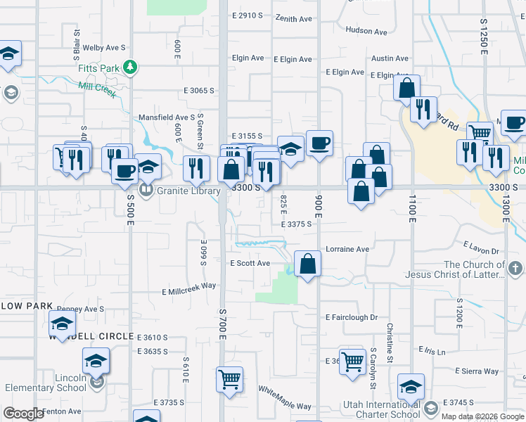 map of restaurants, bars, coffee shops, grocery stores, and more near 772 East 3300 South in Millcreek