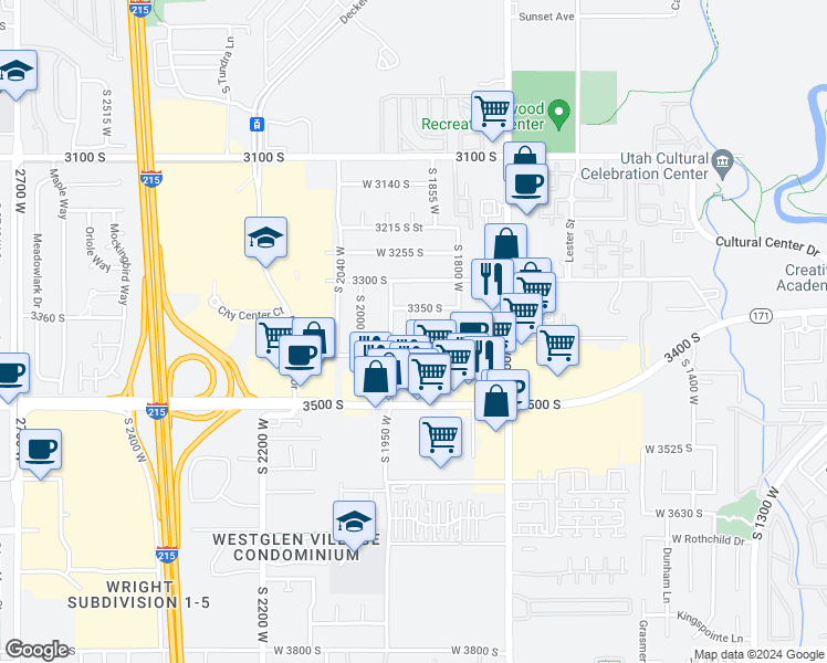 map of restaurants, bars, coffee shops, grocery stores, and more near 1864 West 3350 South in West Valley City