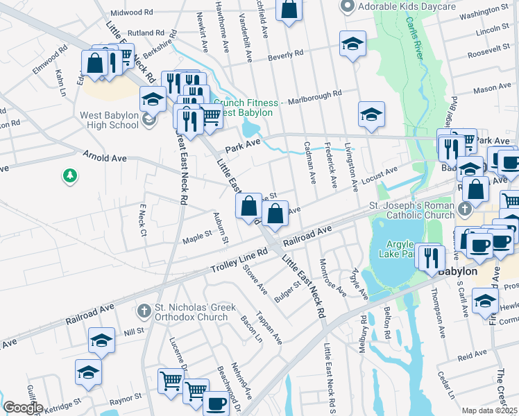 map of restaurants, bars, coffee shops, grocery stores, and more near 29 Pine Street in Babylon