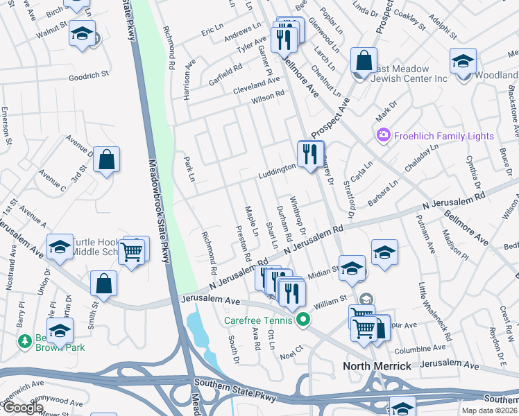 map of restaurants, bars, coffee shops, grocery stores, and more near 853 Shari Lane in East Meadow