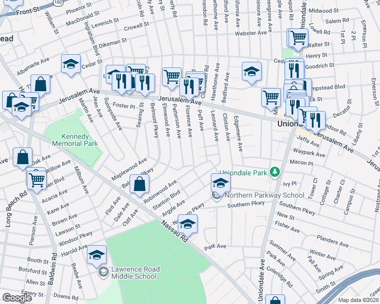 map of restaurants, bars, coffee shops, grocery stores, and more near 93 Florence Avenue in Hempstead