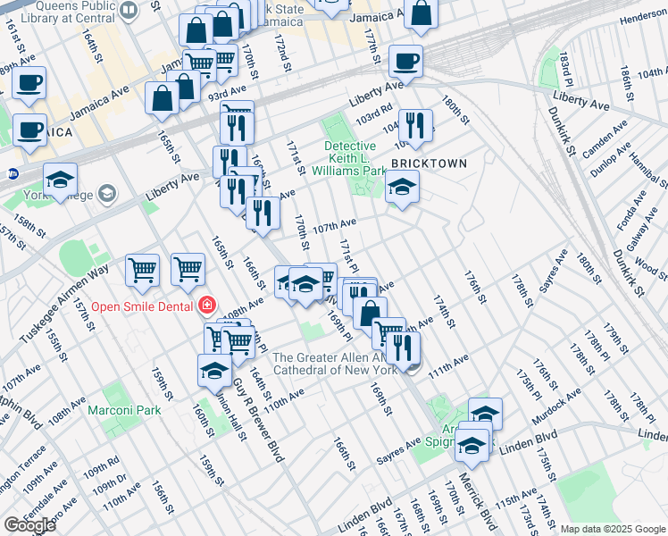 map of restaurants, bars, coffee shops, grocery stores, and more near 107-30 171st Place in Queens