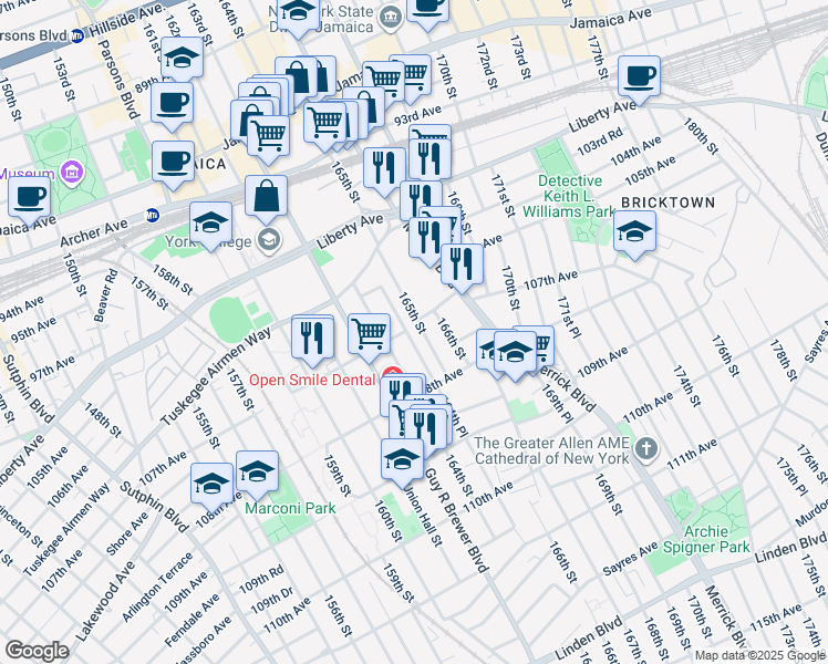 map of restaurants, bars, coffee shops, grocery stores, and more near 104-33 164th Place in Queens