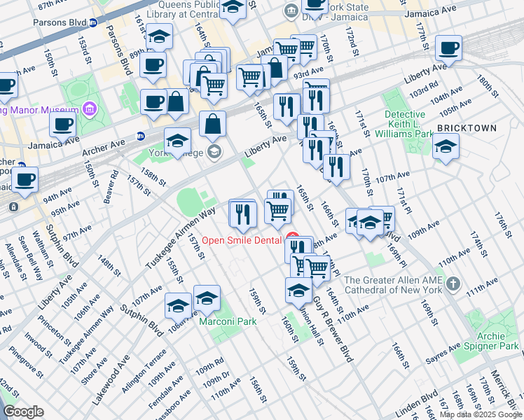map of restaurants, bars, coffee shops, grocery stores, and more near 10430 Rev James R Moore Place in Queens