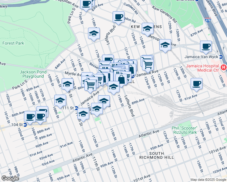 map of restaurants, bars, coffee shops, grocery stores, and more near 118-02 Jamaica Avenue in Queens