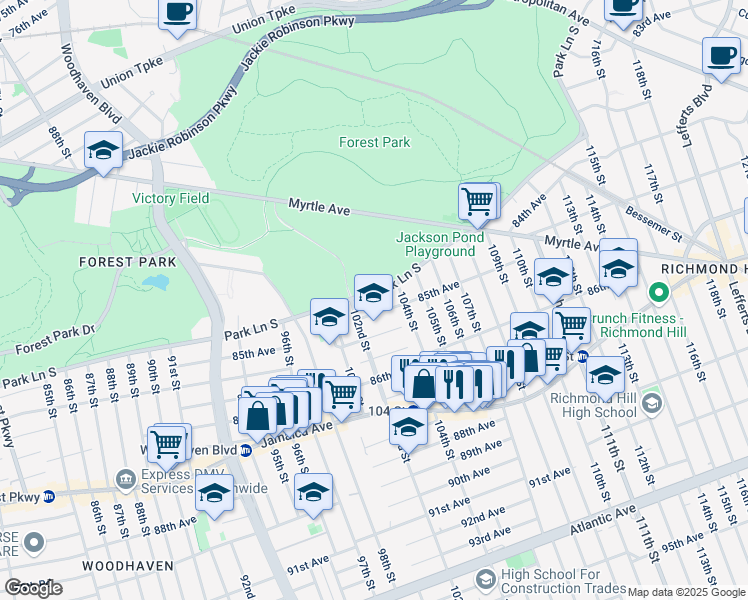 map of restaurants, bars, coffee shops, grocery stores, and more near 116-14 Park Lane South in Queens