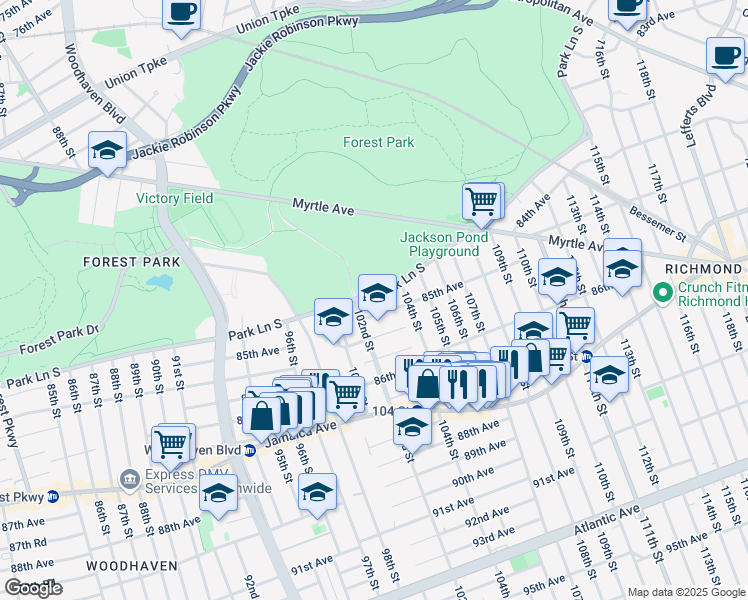 map of restaurants, bars, coffee shops, grocery stores, and more near 116-14 Park Lane South in Queens