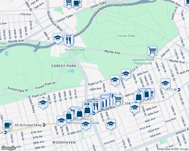 map of restaurants, bars, coffee shops, grocery stores, and more near 83-30 98th Street in Queens