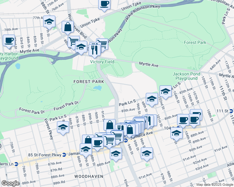 map of restaurants, bars, coffee shops, grocery stores, and more near 83-77 Woodhaven Boulevard in Queens