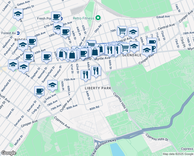 map of restaurants, bars, coffee shops, grocery stores, and more near 74-33 64th Lane in Queens