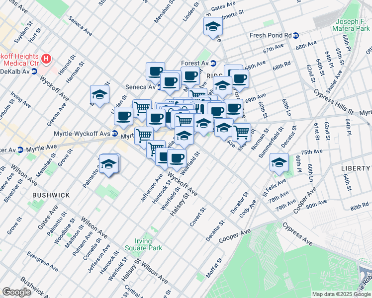 map of restaurants, bars, coffee shops, grocery stores, and more near 879 Cypress Avenue in Queens