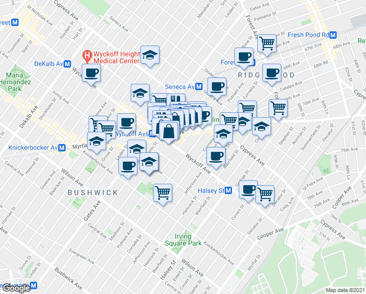map of restaurants, bars, coffee shops, grocery stores, and more near 54-32 Myrtle Avenue in Queens