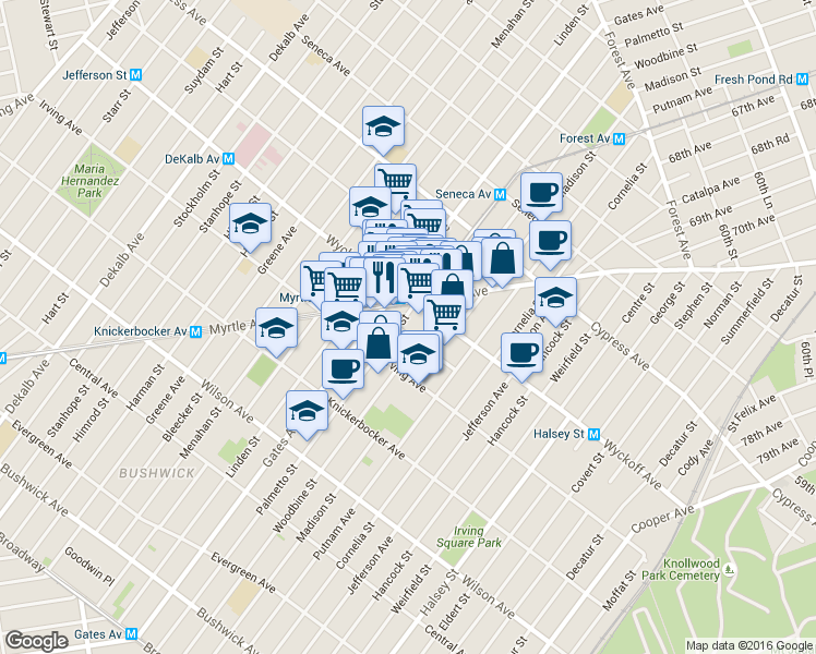 map of restaurants, bars, coffee shops, grocery stores, and more near 331 Wyckoff Avenue in Queens