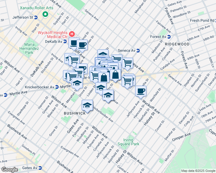 map of restaurants, bars, coffee shops, grocery stores, and more near 1550 Gates Avenue in Brooklyn