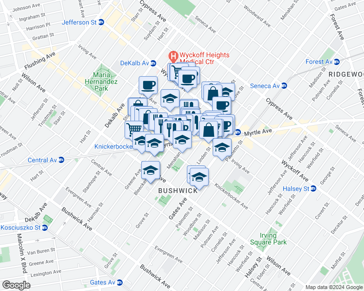 map of restaurants, bars, coffee shops, grocery stores, and more near 275 Bleecker Street in Brooklyn