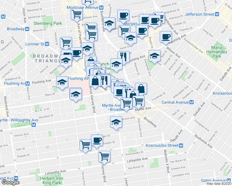 map of restaurants, bars, coffee shops, grocery stores, and more near 24 Park Street in Brooklyn