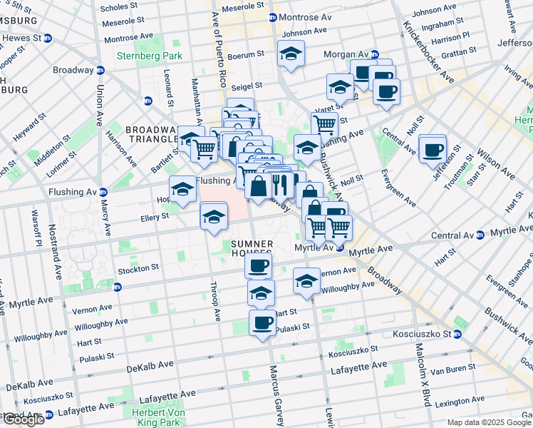 map of restaurants, bars, coffee shops, grocery stores, and more near 823 Broadway in Brooklyn