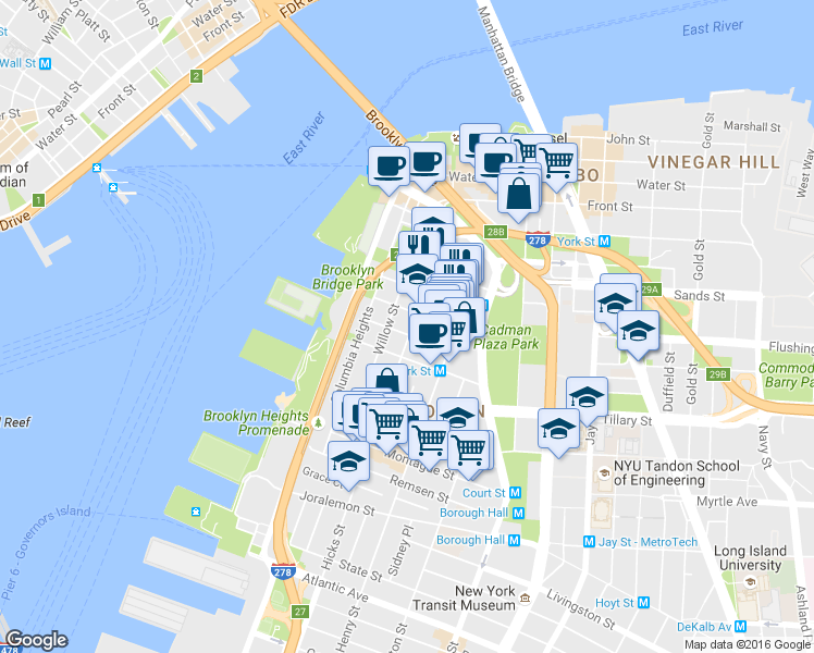 map of restaurants, bars, coffee shops, grocery stores, and more near 12 Orange Street in Brooklyn