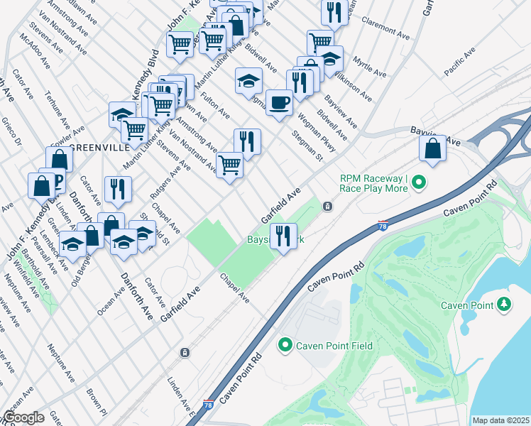 map of restaurants, bars, coffee shops, grocery stores, and more near 13 Woodlawn Avenue in Jersey City