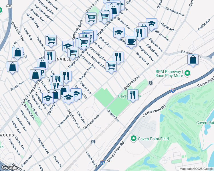 map of restaurants, bars, coffee shops, grocery stores, and more near 369 Ocean Avenue in Jersey City