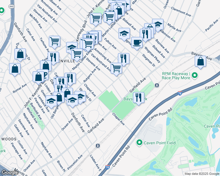 map of restaurants, bars, coffee shops, grocery stores, and more near 369 Ocean Avenue in Jersey City