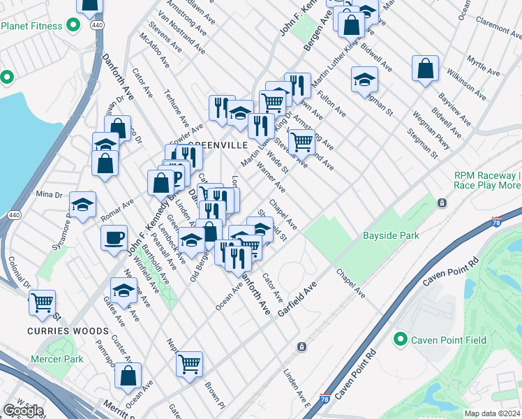 map of restaurants, bars, coffee shops, grocery stores, and more near 61A Rutgers Avenue in Jersey City