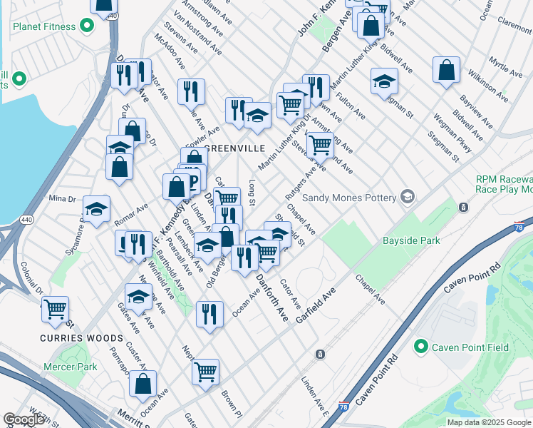 map of restaurants, bars, coffee shops, grocery stores, and more near 35 Rose Avenue in Jersey City