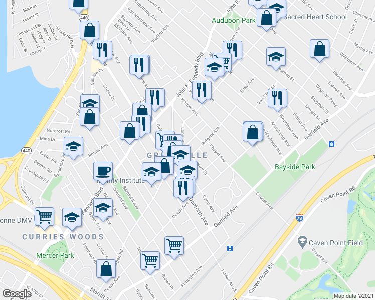 map of restaurants, bars, coffee shops, grocery stores, and more near 35 Rose Avenue in Jersey City