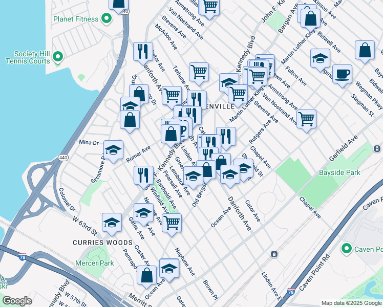 map of restaurants, bars, coffee shops, grocery stores, and more near in Jersey City
