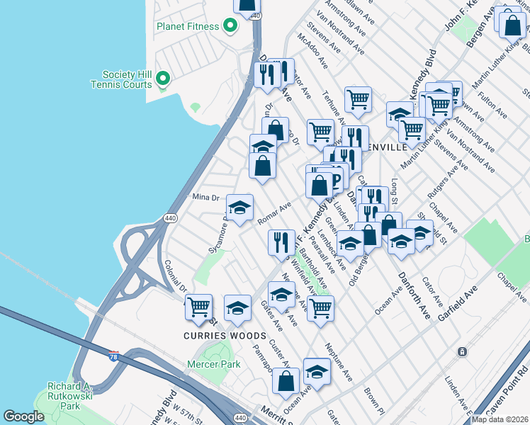 map of restaurants, bars, coffee shops, grocery stores, and more near 210 Bartholdi Avenue in Jersey City