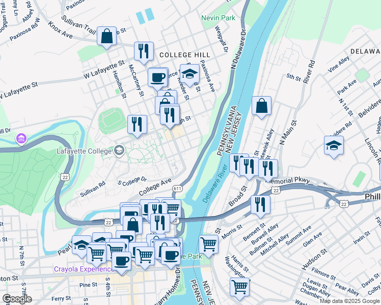map of restaurants, bars, coffee shops, grocery stores, and more near 329 Clinton Terrace in Easton