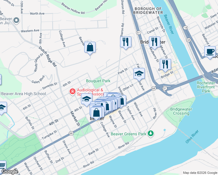 map of restaurants, bars, coffee shops, grocery stores, and more near 360 Laura Street in Beaver