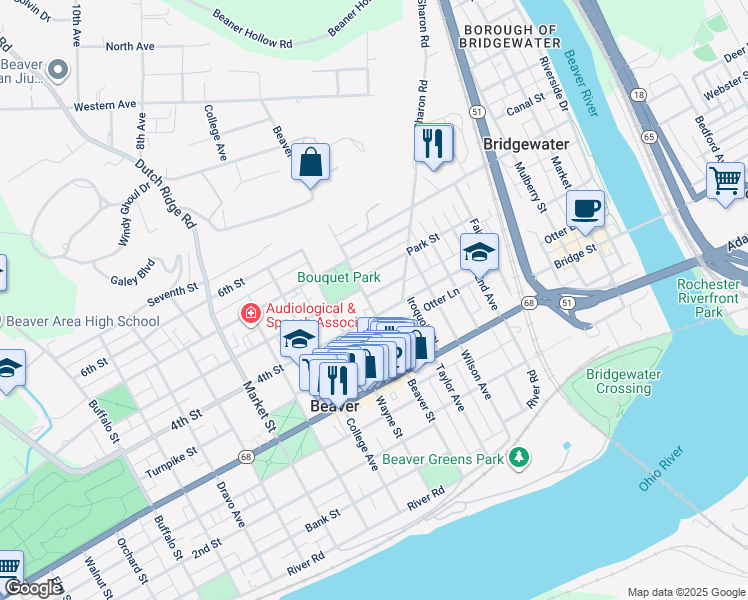 map of restaurants, bars, coffee shops, grocery stores, and more near 360 Laura Street in Beaver