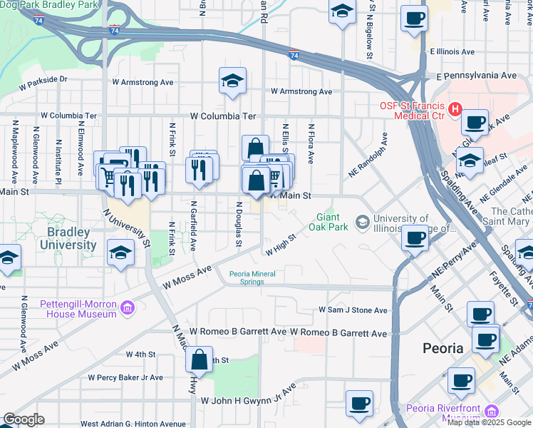 map of restaurants, bars, coffee shops, grocery stores, and more near 708 W Main St in Peoria