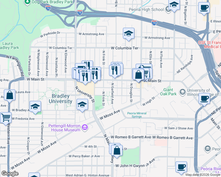 map of restaurants, bars, coffee shops, grocery stores, and more near 906 West Main Street in Peoria