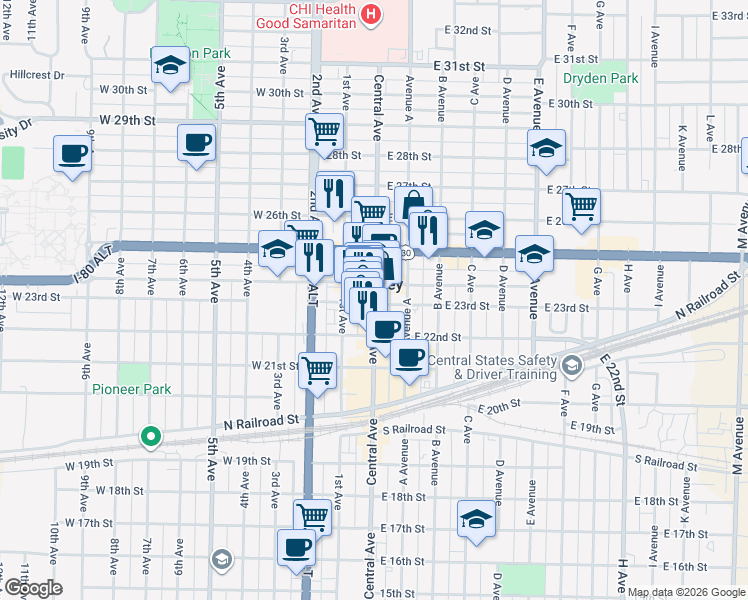 map of restaurants, bars, coffee shops, grocery stores, and more near in Kearney