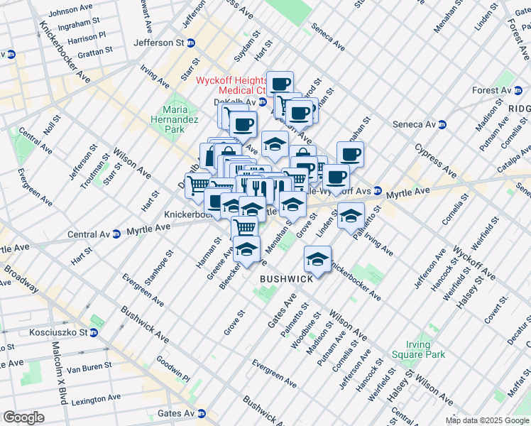 map of restaurants, bars, coffee shops, grocery stores, and more near Knickerbocker Avenue in Brooklyn