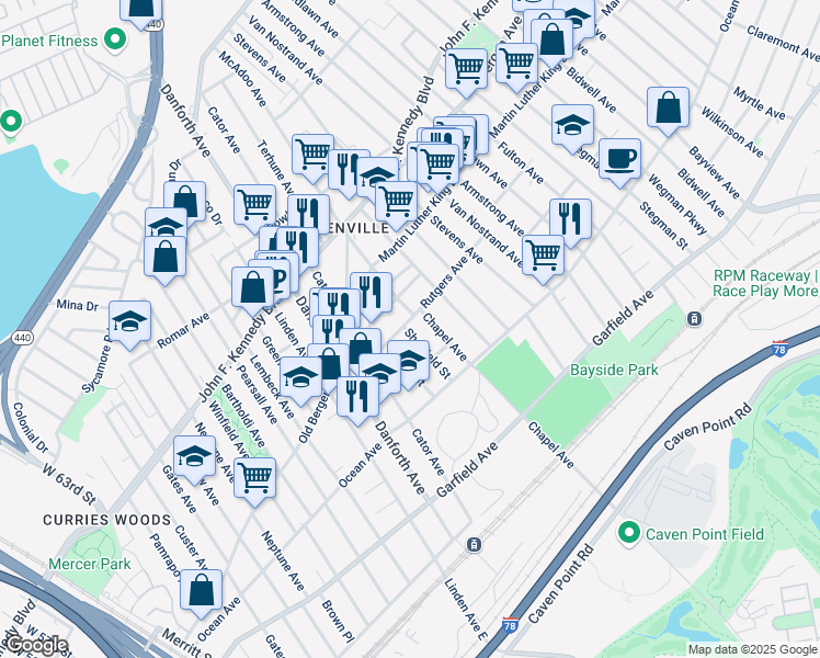 map of restaurants, bars, coffee shops, grocery stores, and more near 61A Rutgers Avenue in Jersey City
