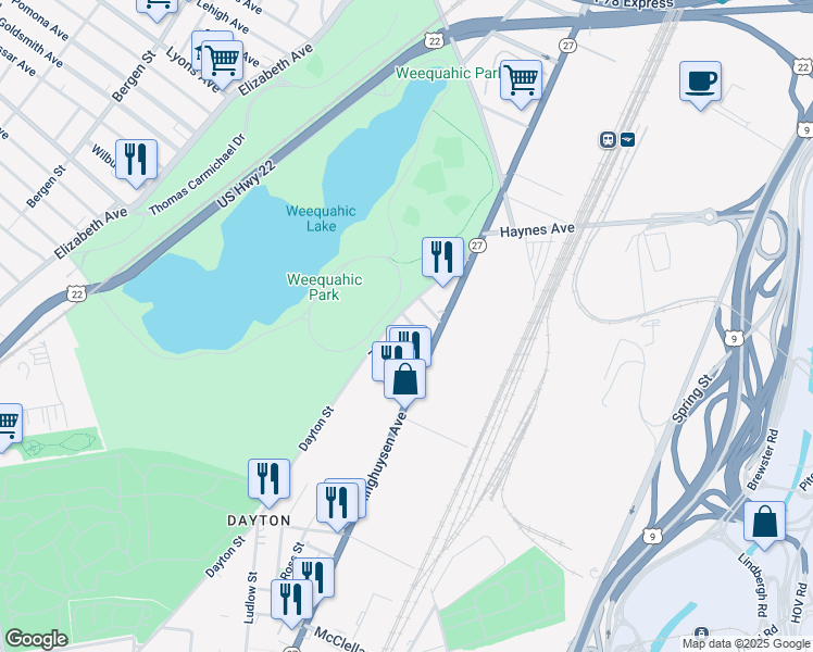 map of restaurants, bars, coffee shops, grocery stores, and more near 9 Emerson Place in Newark