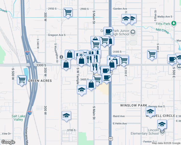 map of restaurants, bars, coffee shops, grocery stores, and more near 18 West 3350 South in South Salt Lake